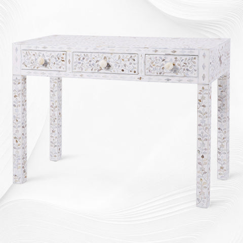 White Mother Of Pearl Inlay Floral 3 Drawer Console Table 4
