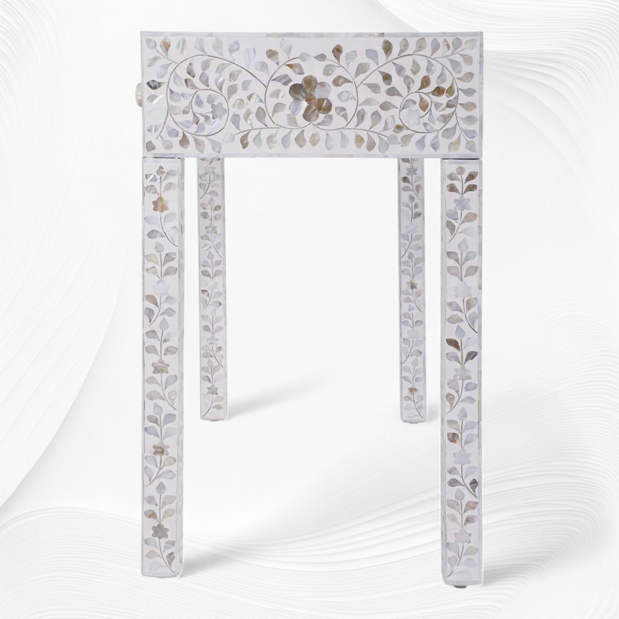 White Mother Of Pearl Inlay Floral 3 Drawer Console Table 3