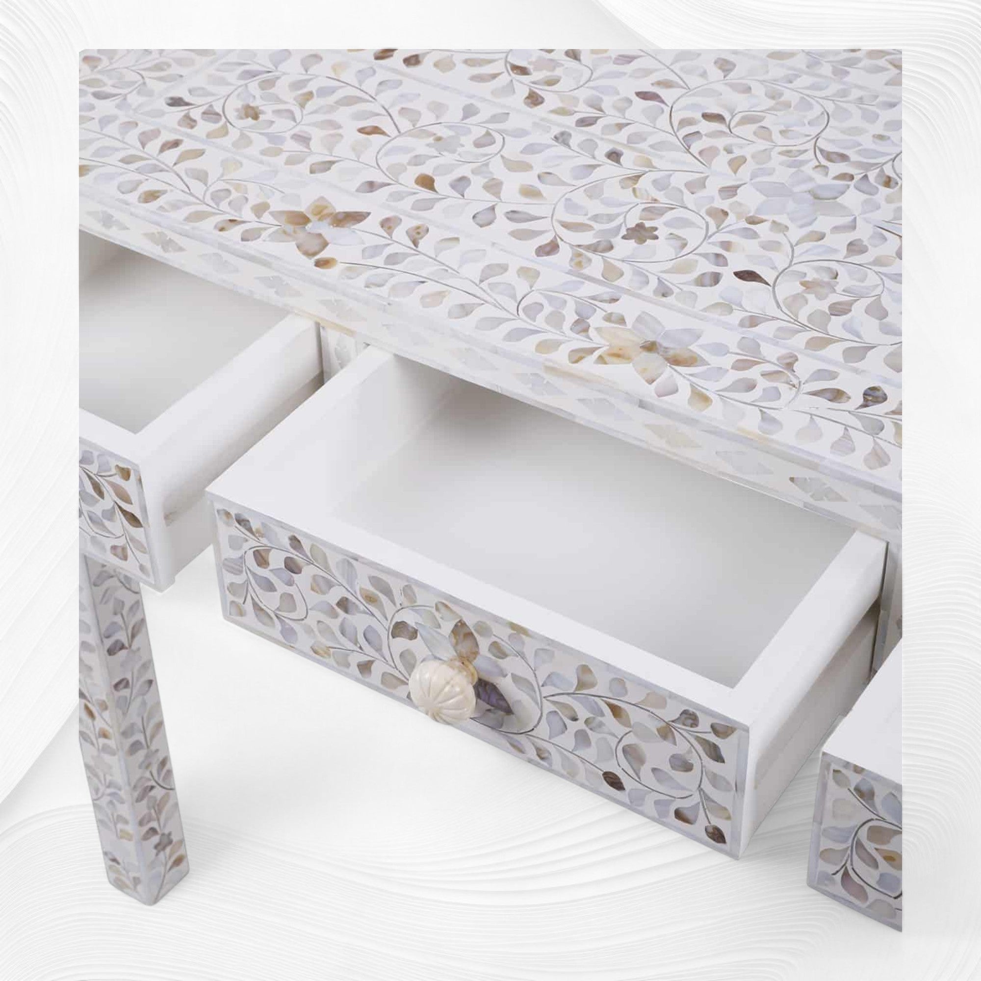 White Mother Of Pearl Inlay Floral 3 Drawer Console Table 1