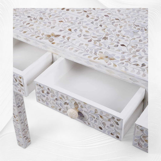 White Mother Of Pearl Inlay Floral 3 Drawer Console Table 1