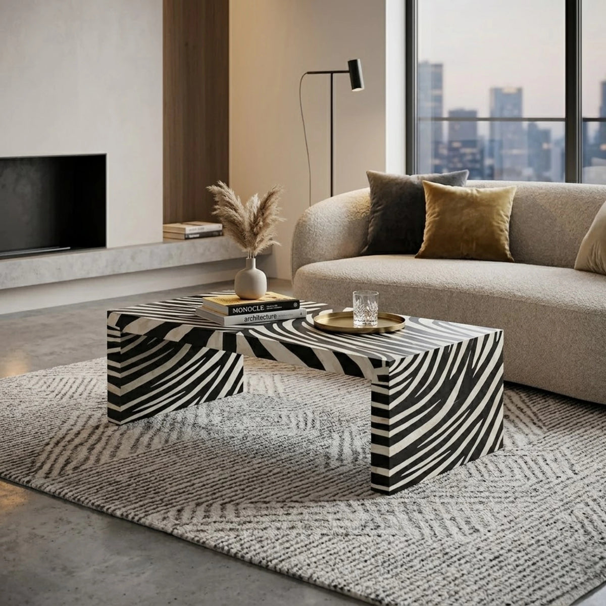 Modern Zebra Stripe Bone Inlay Coffee Table for Living Room