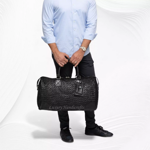 Abra Woven Leather Duffel Bag Black