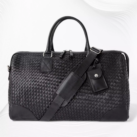 Abra Woven Leather Duffel Bag Black