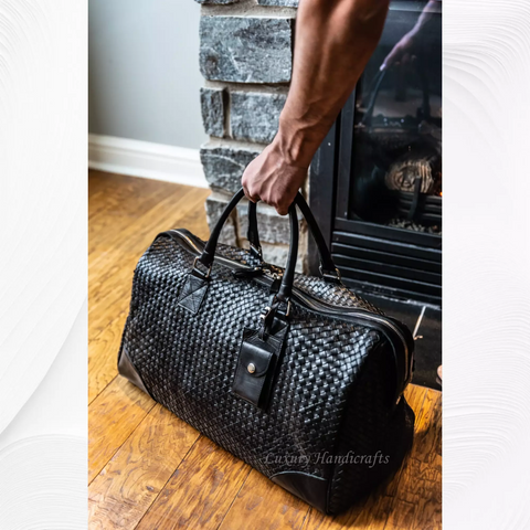 Abra Woven Leather Duffel Bag Black