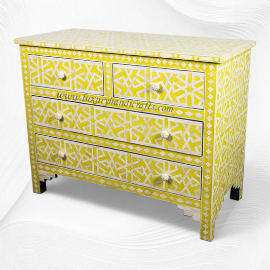 Abstract Bone Inlay Chest of 4 Drawers Yellow