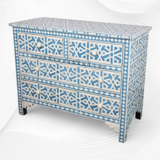 Abstract Bone Inlay Chest of 4 Drawers Blue
