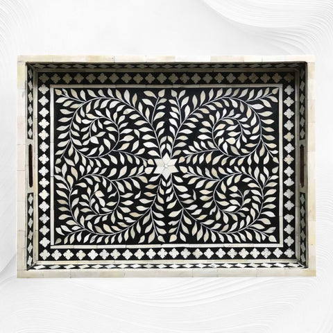 Black Bone Inlaid Rectangular Tray Floral Design | Bone Inlay Serving Tray