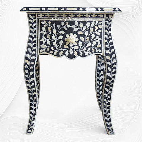 Black Bone Inlay Bedside 1 Drawer Floral Design