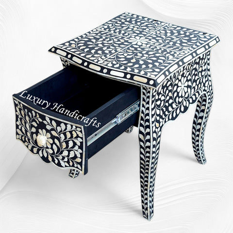 Black Bone Inlay Bedside 1 Drawer Floral Design