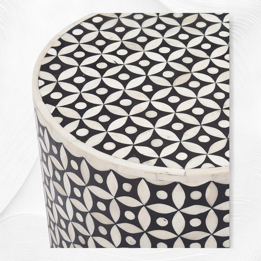 Black Bone Inlay Round Stool Geometric Design