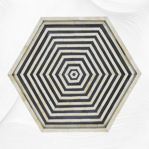 Black Bone Inlay Tray Hexagon | Black And White Bone Inlay Tray