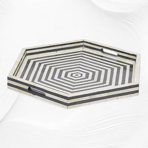 Black Bone Inlay Tray Hexagon | Black And White Bone Inlay Tray
