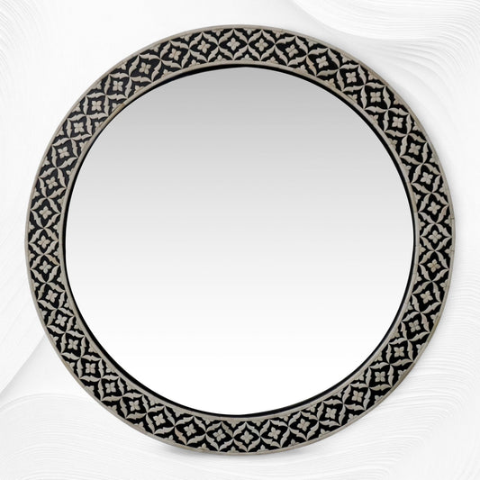 Black Floral Embossed Bone Mirror Round