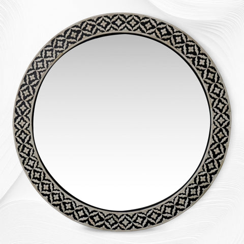 Black Floral Embossed Bone Mirror Round