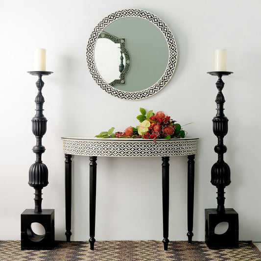 Black Floral Embossed Bone Mirror Round