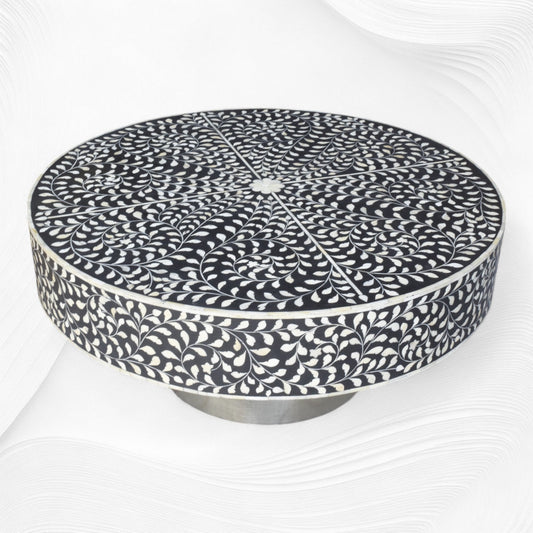 Black Scroll Vine Bone Inlay Coffee Table Silver Base | Bone Inlay Centre Table
