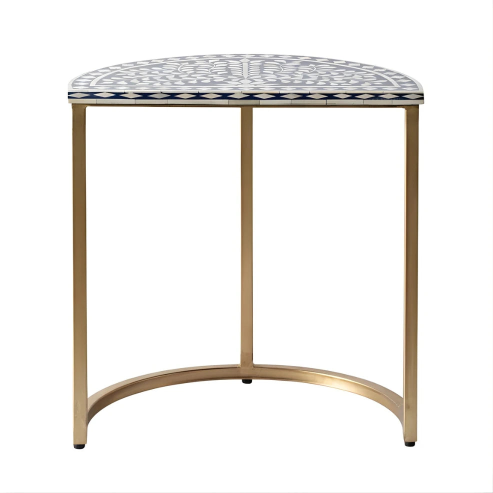 Front view of half moon side table with brass metal frame