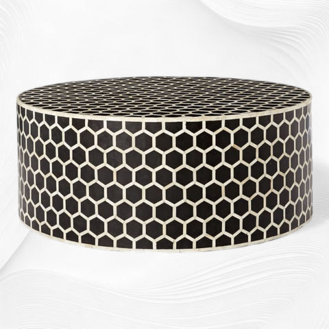 Bone Inlaid Round Coffee Table Honeycomb Black | Bone Inlay Centre Table