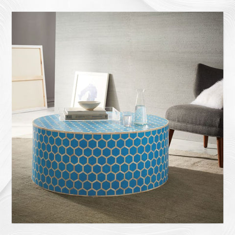 Bone Inlaid Round Coffee Table Honeycomb Turquoise