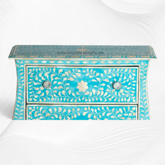 Bone Inlay 2 Drawer Small Chest Curved Legs Turquoise