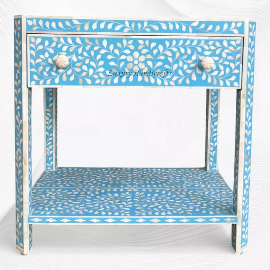 Bone Inlay Edge Floral Bedside Sky Blue