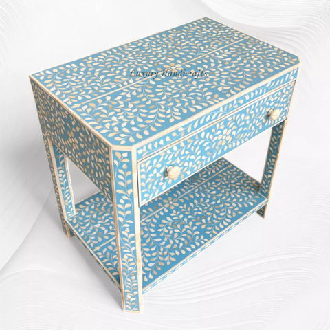 Bone Inlay Edge Floral Bedside Sky Blue
