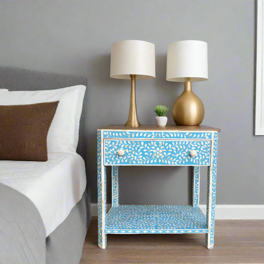 Bone Inlay Edge Floral Bedside Sky Blue