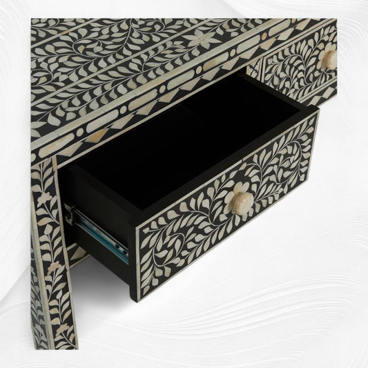 Bone Inlay Floral 3 Drawer Console Edge Black