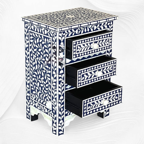 Bone Inlay Floral 3 Drawers Bedside Blue | Bone Inlay Nightstands