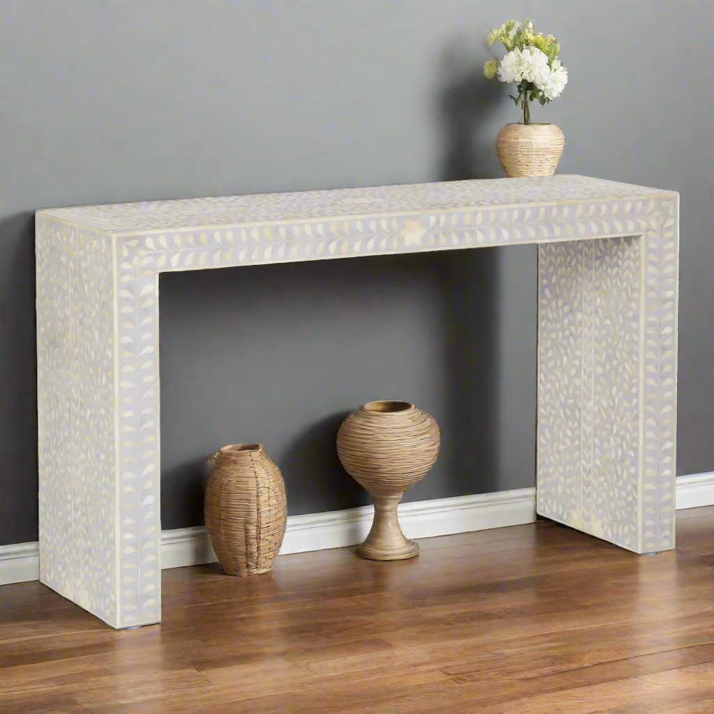 Bone Inlay Floral Console Table Grey