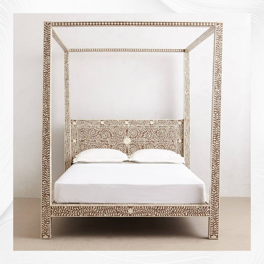 Bone Inlay Four Poster Bed Brown