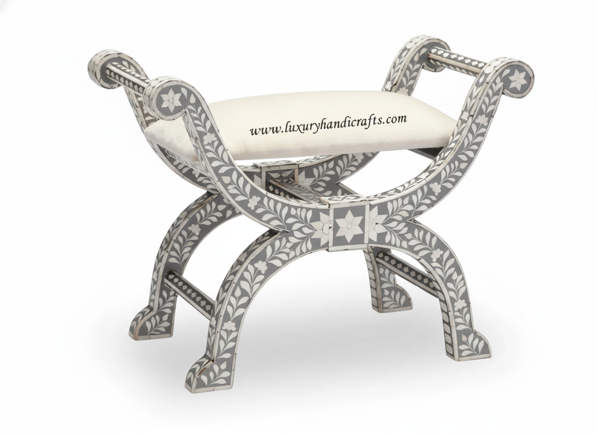Bone Inlay Jenny Stool Floral Design Grey