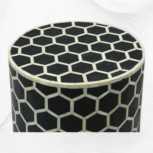 Bone Inlay Round Stool Honeycomb Design Black