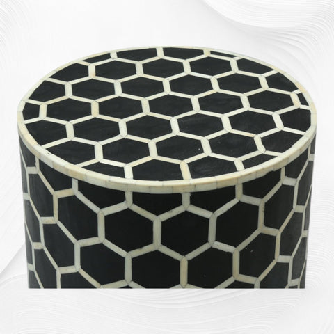 Bone Inlay Round Stool Honeycomb Design Black