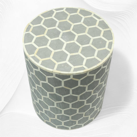 Bone Inlay Round Stool Honeycomb Design Grey