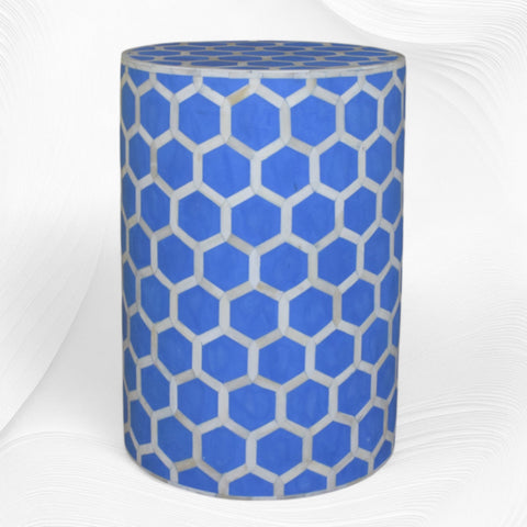Bone Inlay Round Stool Honeycomb Design Light Blue