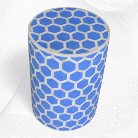 Bone Inlay Round Stool Honeycomb Design Light Blue