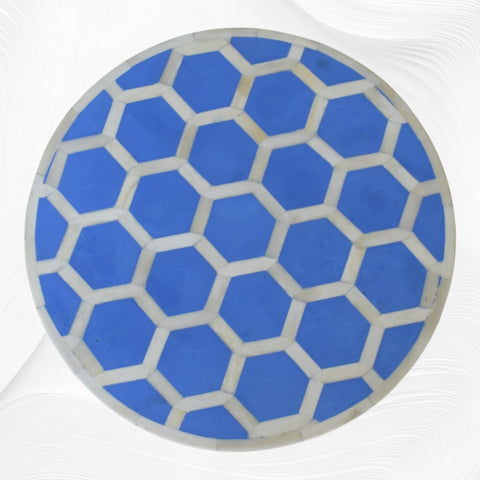 Bone Inlay Round Stool Honeycomb Design Light Blue