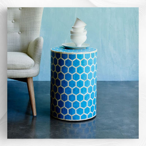 Bone Inlay Round Stool Honeycomb Design Turquoise