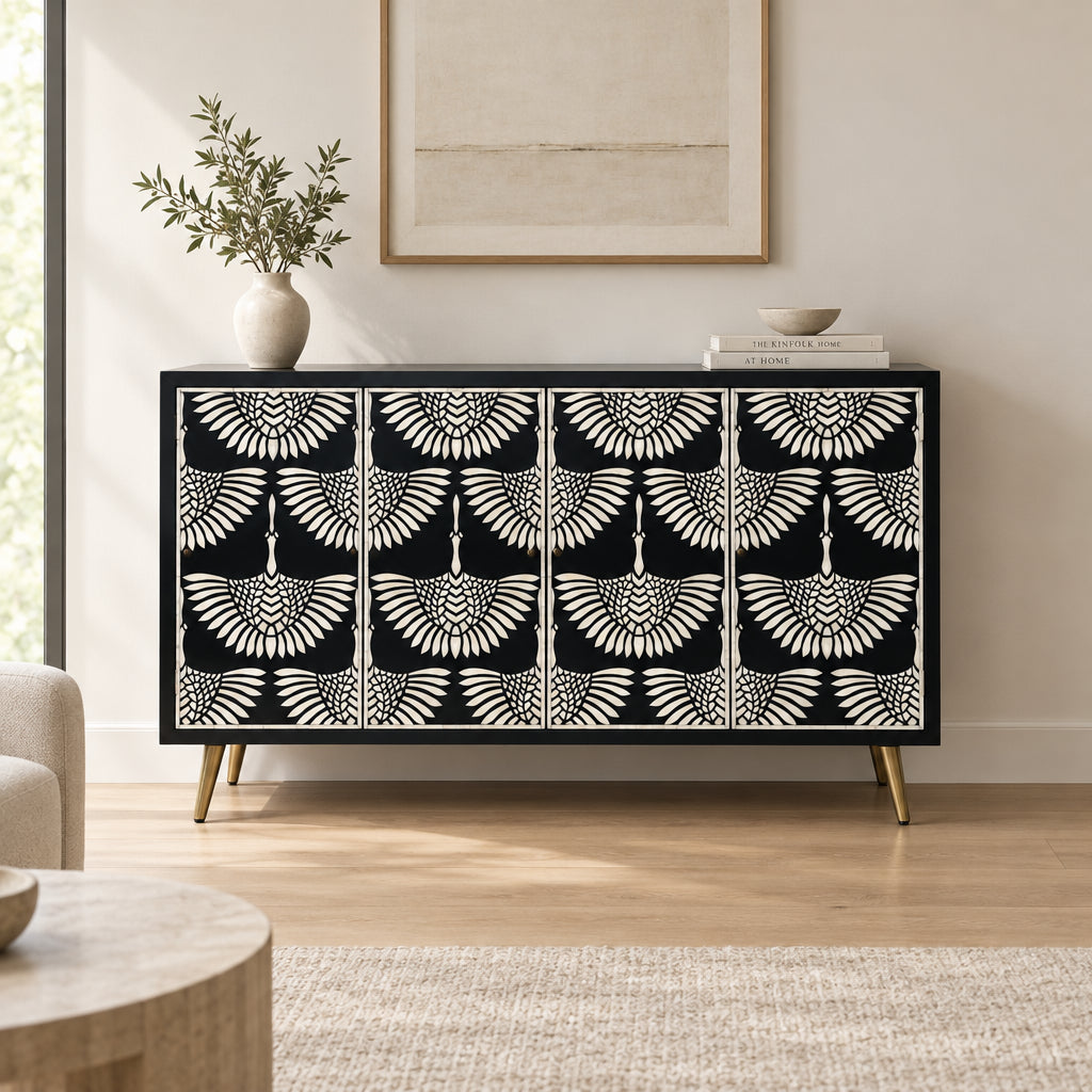 Bone Inlay Swan Cabinet 4 Door Black