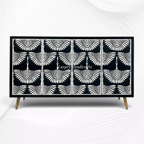 Bone Inlay Swan Cabinet 4 Door Black