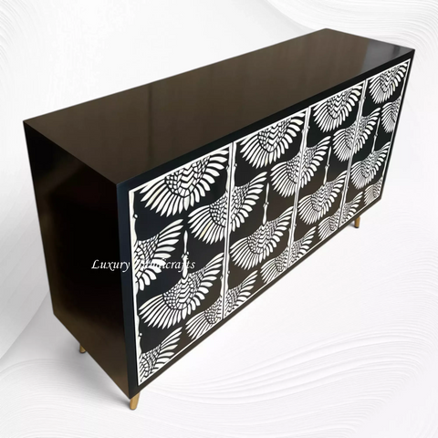 Bone Inlay Swan Cabinet 4 Door Black