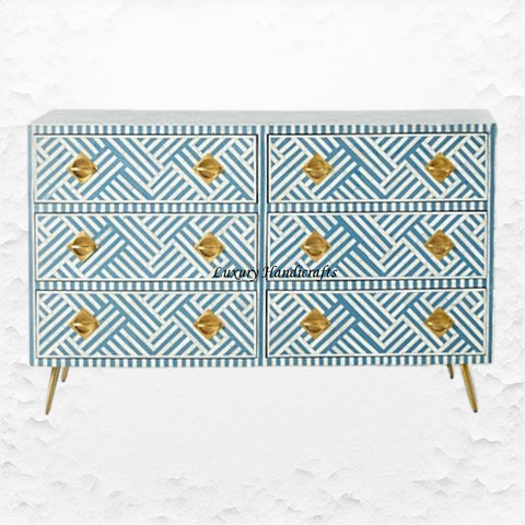 Bone Inlay Optical Chest 6 Drawers Blue