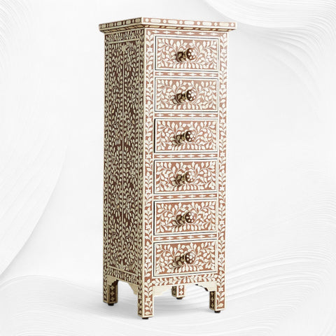 Brown Bone Inlay 6 Drawer Floral Lingerie Chest