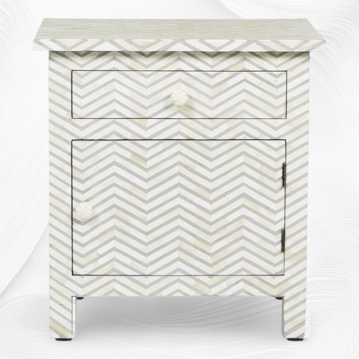 Chevron Bone Inlay Bedside 1 Drawer 1 Door Grey