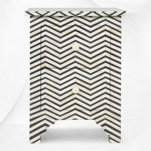 Chevron Bone Inlay Bedside 2 Drawer Black