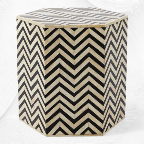 Chevron Bone Inlay Hexagonal Side Table Black