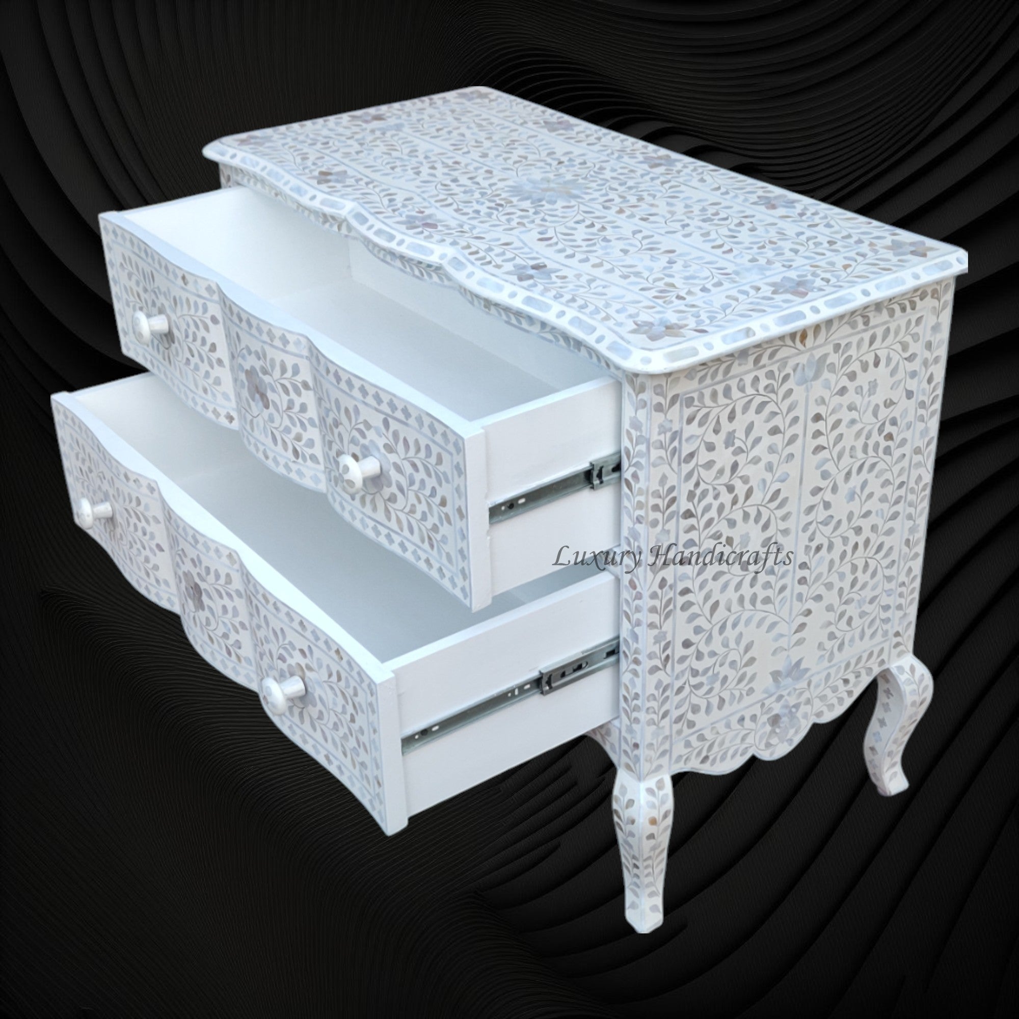 Estelle Mother of Pearl Inlay Curved Dresser Ivory Luxury Handicrafts Estelle Mother of Pearl Inlay Curved Dresser Ivory Luxury Handicrafts