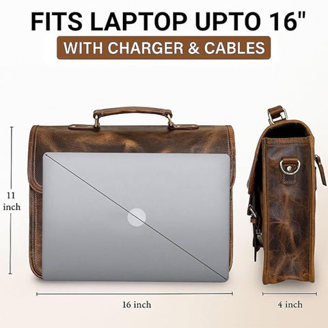 Ezra 16 Inches Hunter Leather Laptop Bag Brown