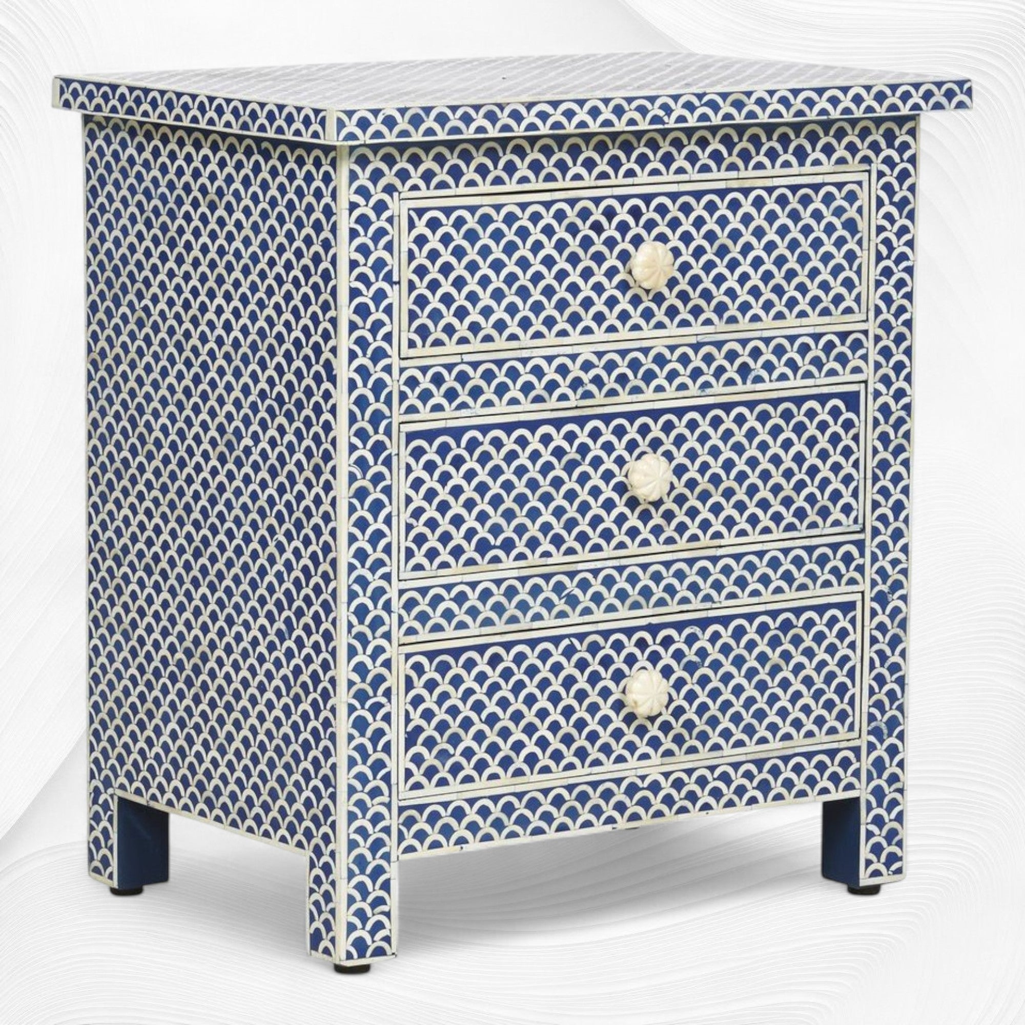 Fish Inlay End Table Fishscale Bone Inlay 3 Drawer Bedside Blue – Luxury Handicrafts